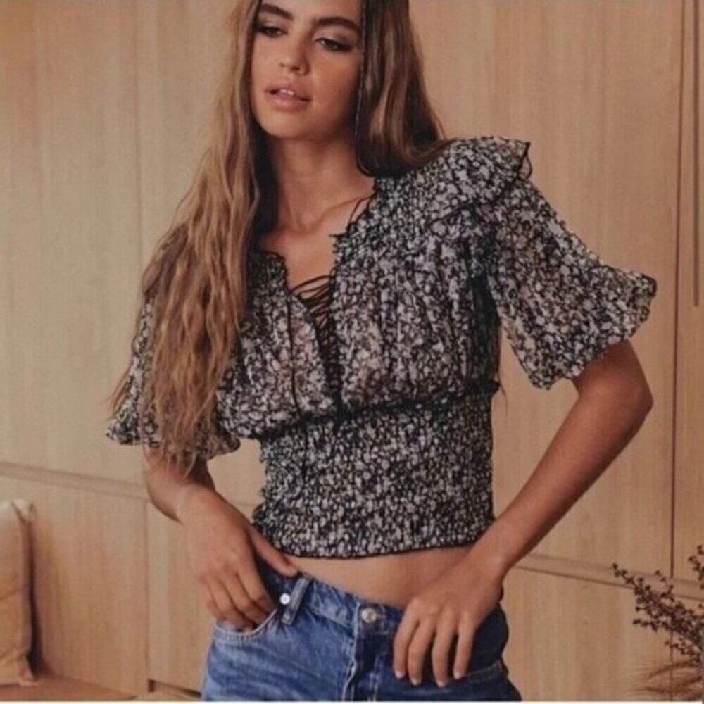 NEW Free People Beatrice Smocked Top Size XS Floral Printed Puff Sleeves